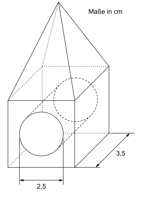 Geometrische Skizze eines Körpers mit Maßen in cm und eingezeichneten Kreisen sowie Maßangaben 2,5 und 3,5.